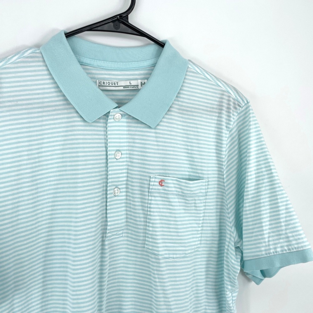 Criquet Polo Shirt Mens Large Blue White Striped Pima Cotton Pocket Short Sleeve